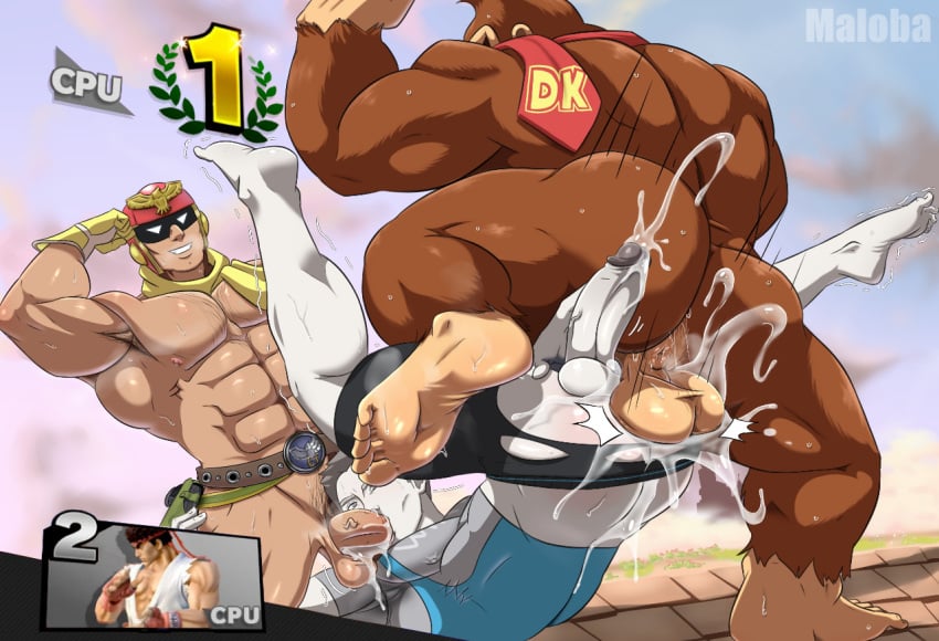 abs anal anal_sex anthro anthro_penetrating anthro_penetrating_human ape armor ass back_muscles balls belt big_penis bodily_fluids bottomwear brown_body brown_fur capcom captain_falcon clothing cum cum_in_ass cum_in_mouth cum_inside donkey_kong donkey_kong_(series) ejaculation f-zero fellatio flexing fur gay genital_fluids genitals gorilla group group_sex haplorhine headgear helmet human human_on_anthro human_on_human human_penetrated human_penetrating human_penetrating_human interspecies larger_anthro male male/male male_only maloba mammal muscular muscular_anthro muscular_human muscular_male necktie nintendo nipples nude oral oral_penetration pecs penetration penile penis primate ryu_(street_fighter) scarf sex shirt shorts size_difference smaller_human smaller_penetrated spitroast street_fighter super_smash_bros. threesome topwear torn_clothing video_games white_body white_skin wii_fit wii_fit_trainer wii_fit_trainer_(male)