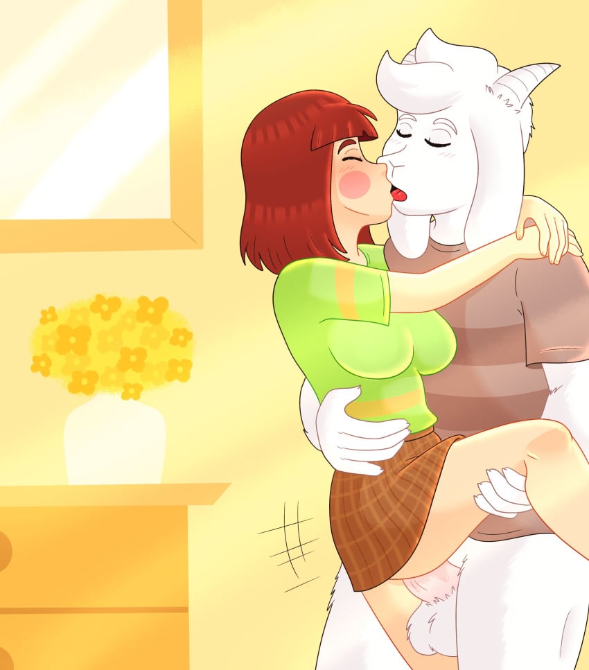 aged_up asriel_dreemurr blush bottomless bottomless_male brown_hair chara clothed_sex female female_chara human human_on_anthro kissing leg_grab leg_lift light-skinned_female monster monster_boy more_chasriel no_panties rainy_(artist) skirt standing_on_one_leg standing_sex undertale undertale_(series) undertale_au undertale_fanfiction white_fur