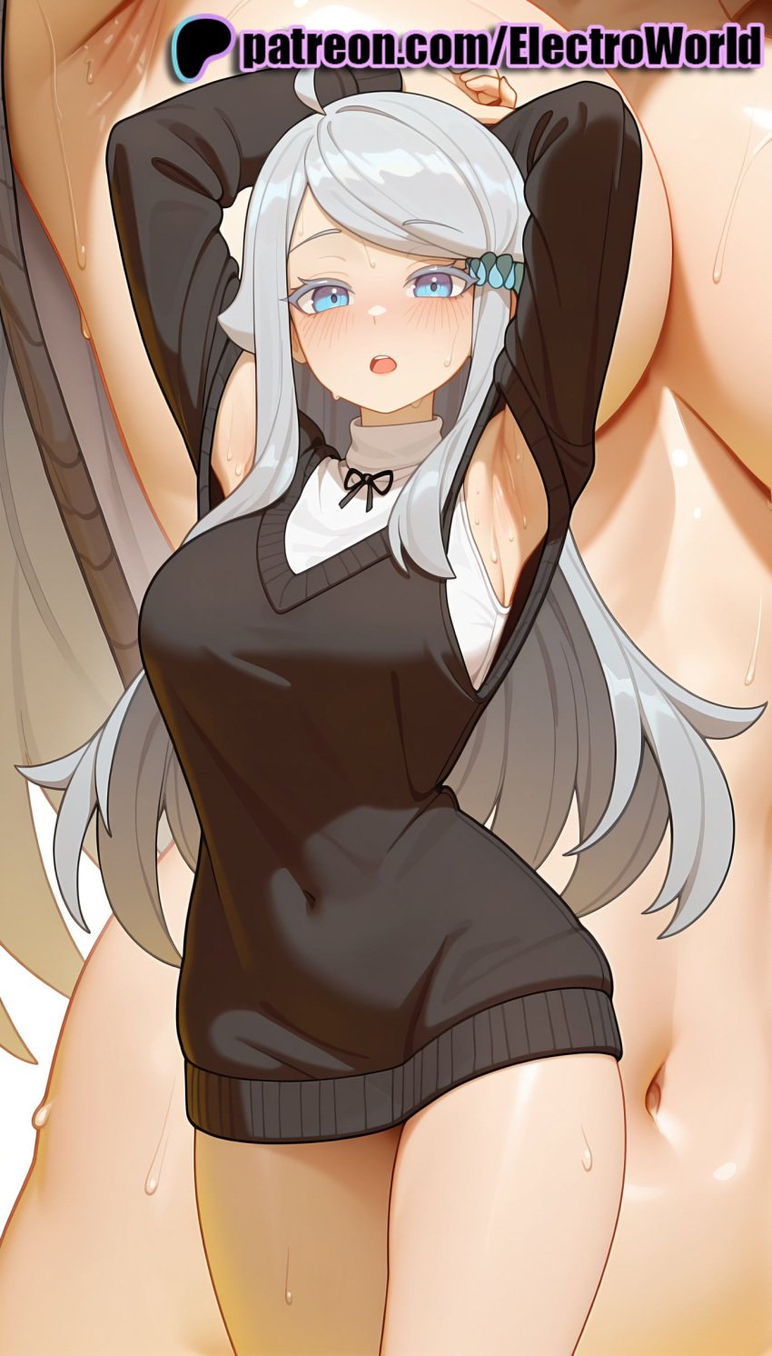 1girls 2025 ai_generated armpits artist_name big_breasts big_breasts big_chest blue_eyes blue_scrunchie blush breasts breasts breasts bust busty chest electroworld female hair_scrunchie hi_res high_quality high_resolution highres imouto_sae_ireba_ii kani_nayuta large_breasts long_hair long_sleeves open_mouth patreon patreon_username scrunchie stable_diffusion sweat sweater watermark