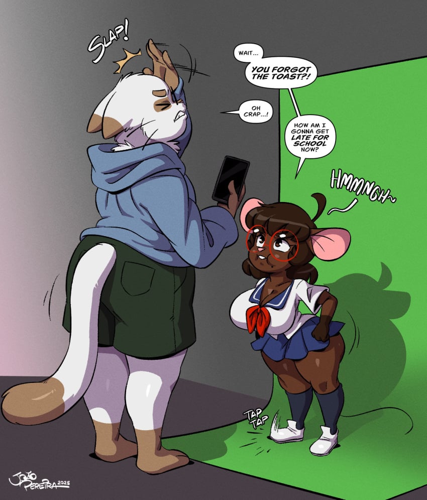 anime_girl anthro big_breasts big_thighs breasts catboy clothing cosplay dialogue feline greenscreen gwen_geek gwen_martin joaoppereiraus mouse mouse_girl shortstack toshio_nakamura