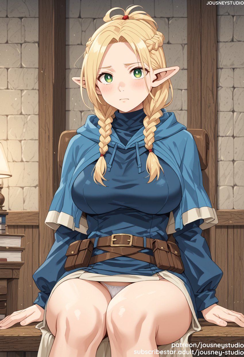 ai_generated arms_at_sides bangs belt belt_pouch blonde_hair blue_capelet blush book braid breasts brown_belt capelet closed_mouth clothing dress dungeon_meshi elf female female female_only fingernails forehead green_eyes hair_ornament hood hood_down hooded_capelet indoors jousneystudio large_breasts long_hair long_sleeves looking_at_viewer marcille_donato panties pantsu pantyshot parted_bangs pointy_ears ponytail pouch sidelocks sitting smile solo thighs twin_braids underwear white_panties white_underwear