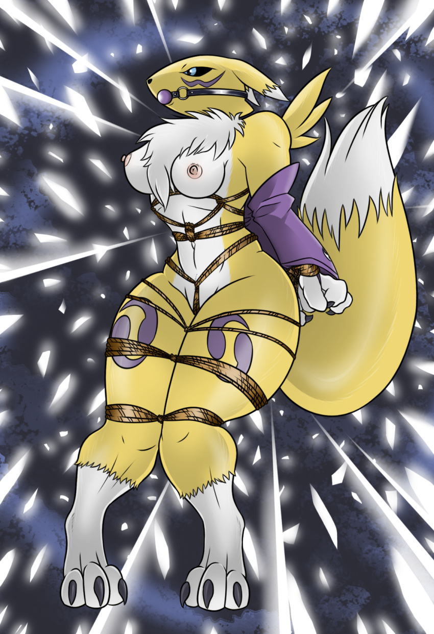 angry anthro arms_tied arms_tied_behind_back armwear ball_gag bandai_namco bondage bondage bound claws clothing digimon digimon_(species) elbow_gloves female fur gag genitals gloves handwear hi_res leather lovemummification mammal nipples nude pussy raised_arms renamon rope solo thick_thighs