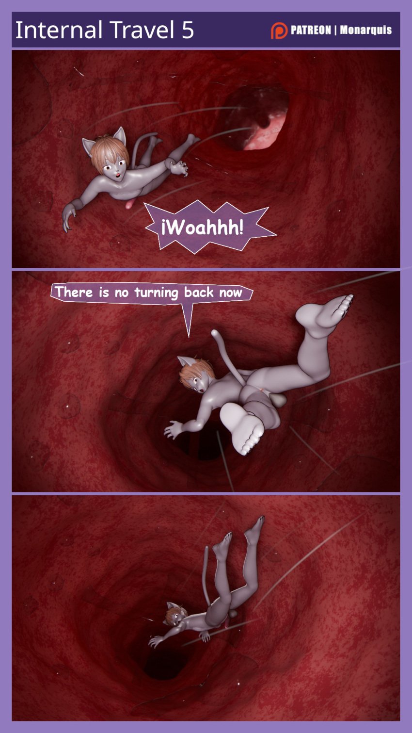 3d 9:16 anthro ass blue_border border comic comic_panel digital_media_(artwork) domestic_cat drooling_tongue extreme_size_difference falling felid feline felis genitals hi_res internal male mammal micro monarquis nude nude_male oral_vore penis romy_(monarquis) size_difference solo throat tongue uvula vore