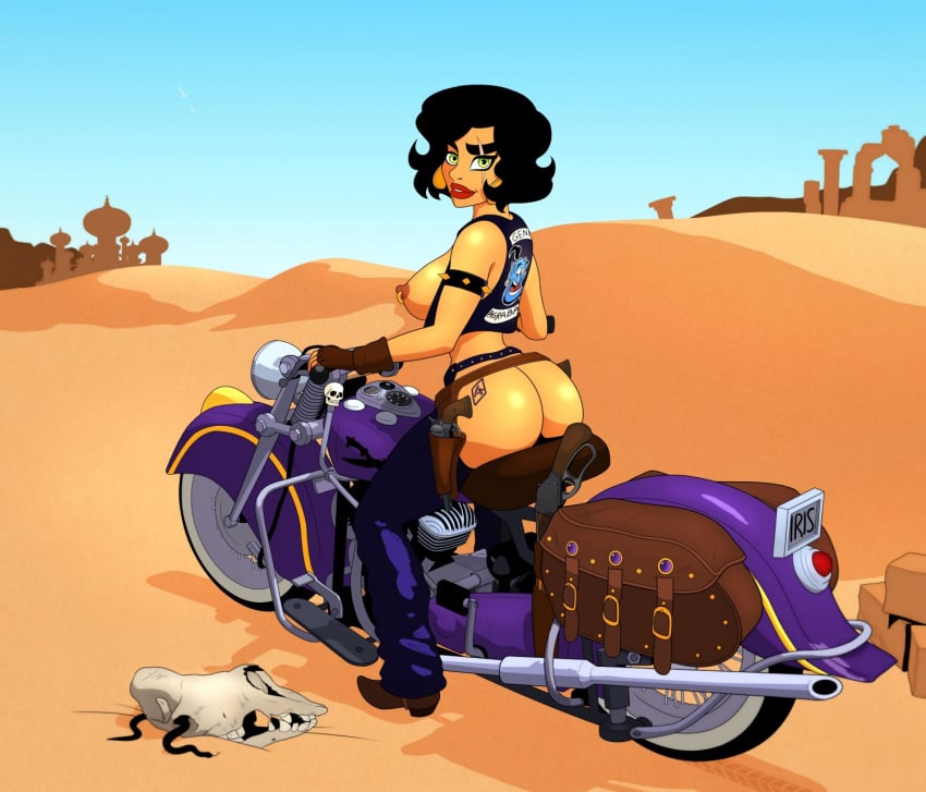 1girls aladdin arabian ass black_hair breasts chaps colt_1873 cowboy_boots dat_ass desert disney earrings english_text eyeliner female female_only genie_(aladdin) green_eyes gun holster iris_(akabur) lipstick makeup motorcycle nipple_piercing nipple_ring nipples princess_trainer revolver rivawi scar short_hair shotgun solo solo_female spiked_armlet text vest