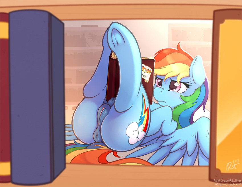 2017 anus ass blue_feathers book crotchboobs cutie_mark dock equine feathered_wings feathers female feral friendship_is_magic hair hi_res hooves inside legs_up lying mammal multicolored_hair my_little_pony on_back pegasus pussy rainbow_dash_(mlp) rainbow_hair ratofdrawn solo underhoof wings