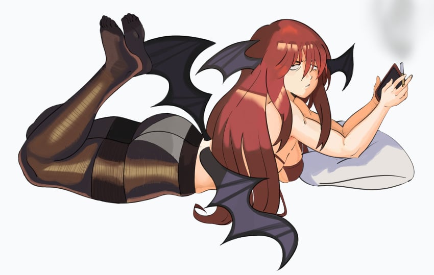 2025 bat_wings cigarette feet_up hi_res koakuma long_hair looking_at_viewer lying_on_stomach on_phone panty_lines phone quentylock red_hair smoking thick_thighs tights topless touhou uninterested wings wings_on_head