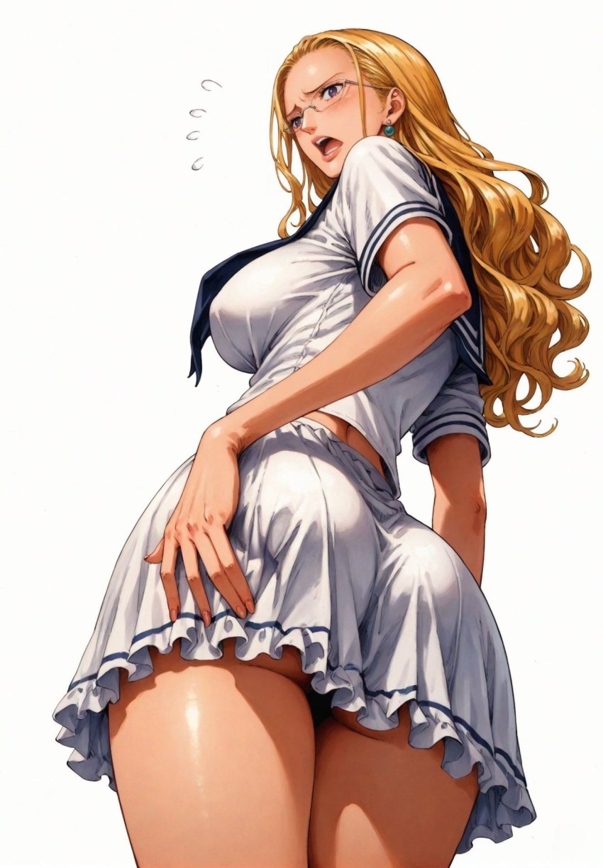 ai_generated alluring almost_naked almost_nude blonde_hair earring earrings female female_only kalifa kalifa_(one_piece) long_hair one_piece open_mouth school_girl school_uniform schoolgirl schoolgirl_uniform seducing seduction seductive seductive_body seductive_eyes seductive_gaze seductive_look seductive_mouth seductive_pose shiny_hair shiny_skin skirt voluptuous voluptuous_female yashin