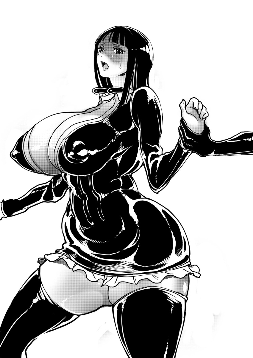 black_clothing black_hair blush breasts cleavage curvy erect_nipples female hamiltan huge_breasts leather_minidress long_hair male nico_robin one_piece pre-timeskip tagme thick_thighs thighhighs water_7 wide_hips