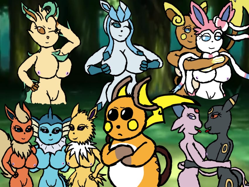 alolan_form alolan_raichu ambiguous_gender anthro bedroom_eyes big_breasts breast_squish breasts breasts_frottage crossed_arms dragonvpt17 eeveelution espeon female female/female feral flareon generation_1_pokemon generation_2_pokemon generation_4_pokemon generation_6_pokemon generation_7_pokemon genitals glaceon group hi_res holding_breast hug jolteon leafeon narrowed_eyes nintendo nipples pokemon pokemon_(species) pose pussy raichu regional_form_(pokemon) ribbons_(anatomy) seductive squish sylveon umbreon vaporeon