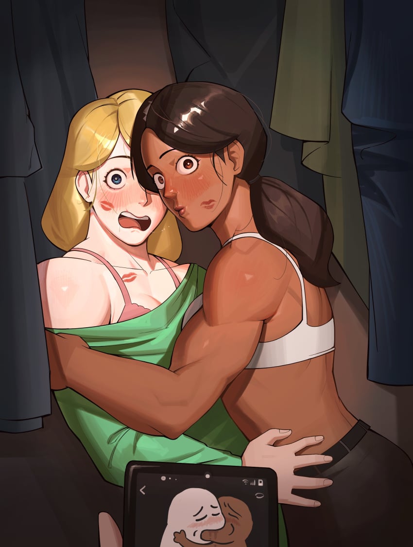 2girls black_hair blonde blonde_female blonde_hair blonde_hair_female blue_eyes blush blushing boonie_baby bra brown_eyes brown_hair caught caught_in_the_act chocolate_and_vanilla closet closet_sex dark-skinned_female dark_skin embarrassed embarrassed_female enemies enemies_to_lovers female female_focus female_only half-dressed interracial interracial_yuri kiss_mark kiss_mark_on_face kiss_marks lesbian lesbians light-skinned_female light_skin lipstick lipstick_mark lipstick_mark_on_face lipstick_marks long_hair looking_at_viewer looking_back meme muscular muscular_female nice_wig_by_the_way open_mouth phone ponytail underwear yuri