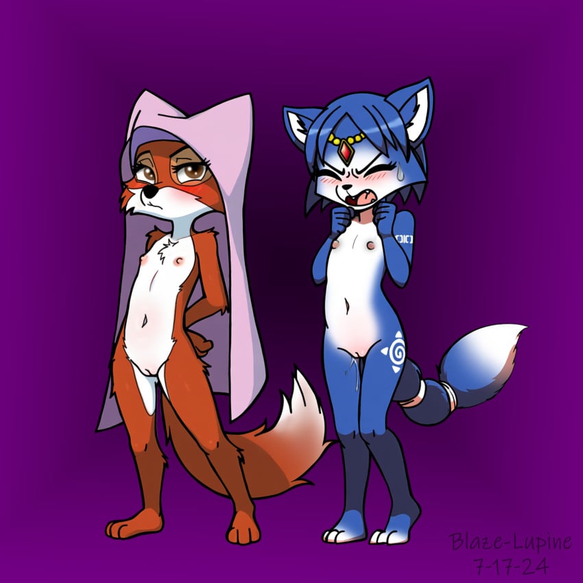 2girls aged_down anthro barefoot blaze-lupine blue_fur blush breasts brown_eyes completely_nude crossover cub disney eastern_and_western_character female female_only flat_chest fox_girl fox_tail fur furry high_resolution jewelry krystal looking_at_viewer maid_marian nipples nude open_mouth orange_fur pussy pussy_juice ready_for_sex robin_hood_(disney) small_breasts star_fox tagme tail thick_thighs thighhighs thighs