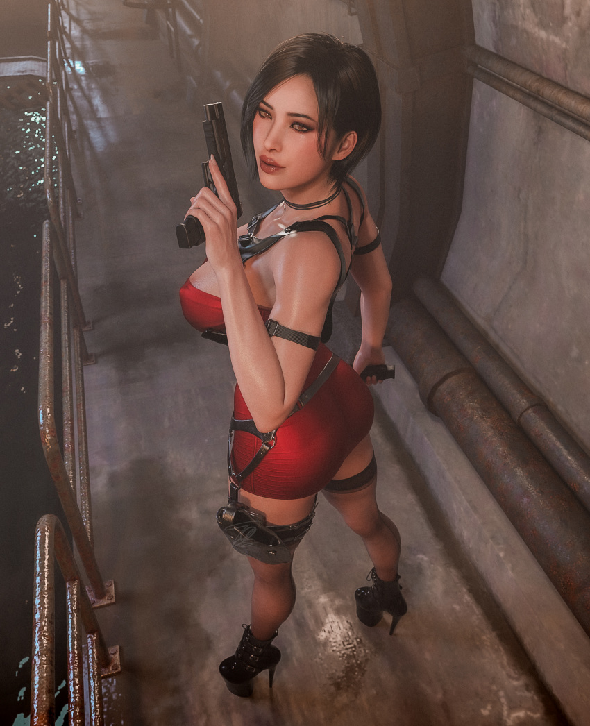 3d ada_wong big_breasts heels nipple_slip resident_evil short_dress short_hair stockings tridiks