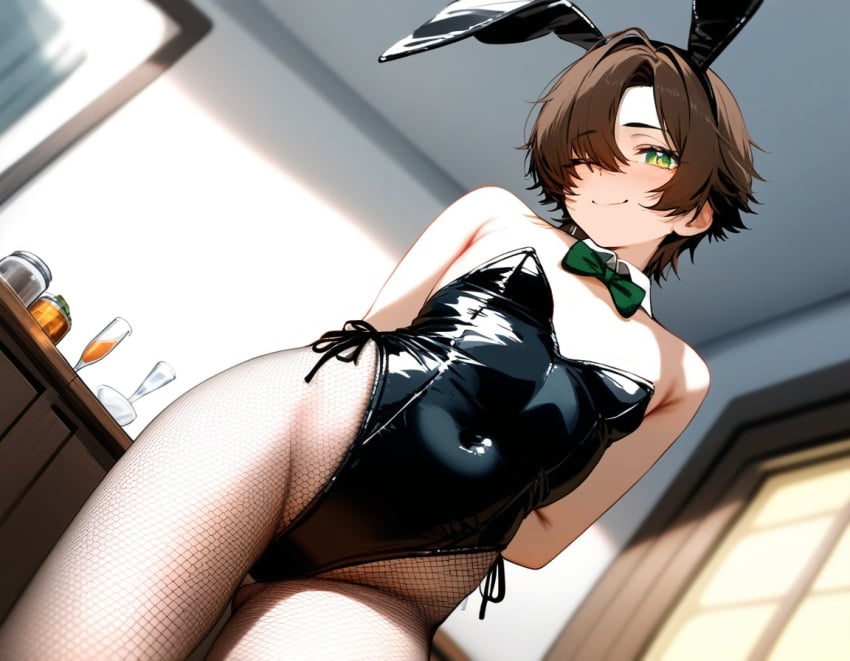 1boy 1cuntboy 1femboy ai_generated arms_behind_back bangs_over_one_eye black_bunny_ears black_leotard blossomtea bowtie brown_hair bunny_boy bunny_costume bunny_ears bunnysuit closed_mouth closed_mouth_smile covered_navel cuntboy eyebrows eyebrows_visible_through_hair femboy fishnet_pantyhose genderswap_(ftm) girly_boy green_bowtie green_eyes half-closed_eyes holodayo_xl_(model) indoors leotard low-angle_view mai_shishikusa masa_works_design navel_visible_through_clothes one_eye_closed oni_to_kitsune_no_hanashi pantyhose playboy_bunny playboy_bunny_costume playboy_bunny_leotard rule_63 self_upload short_hair smile yodayo