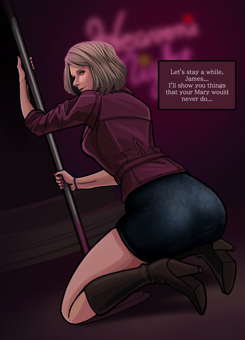 1female 1females 1girls 1woman 2d 2d_(artwork) 2d_artwork ass ass_focus black_skirt blonde_female blonde_hair blonde_hair_female booty butt_focus clothed clothed_ass clothed_female color colored english english_dialogue english_language english_text female female_focus female_only girl girl_focus girl_only girls_only kneeling looking_at_another looking_back maria_(silent_hill) pink_sweater pole silent_hill silent_hill_2 silent_hill_2_remake skirt squat squatting squatting_position succubus sweater text text_box too6lolo video_game_character woman woman_focus woman_only