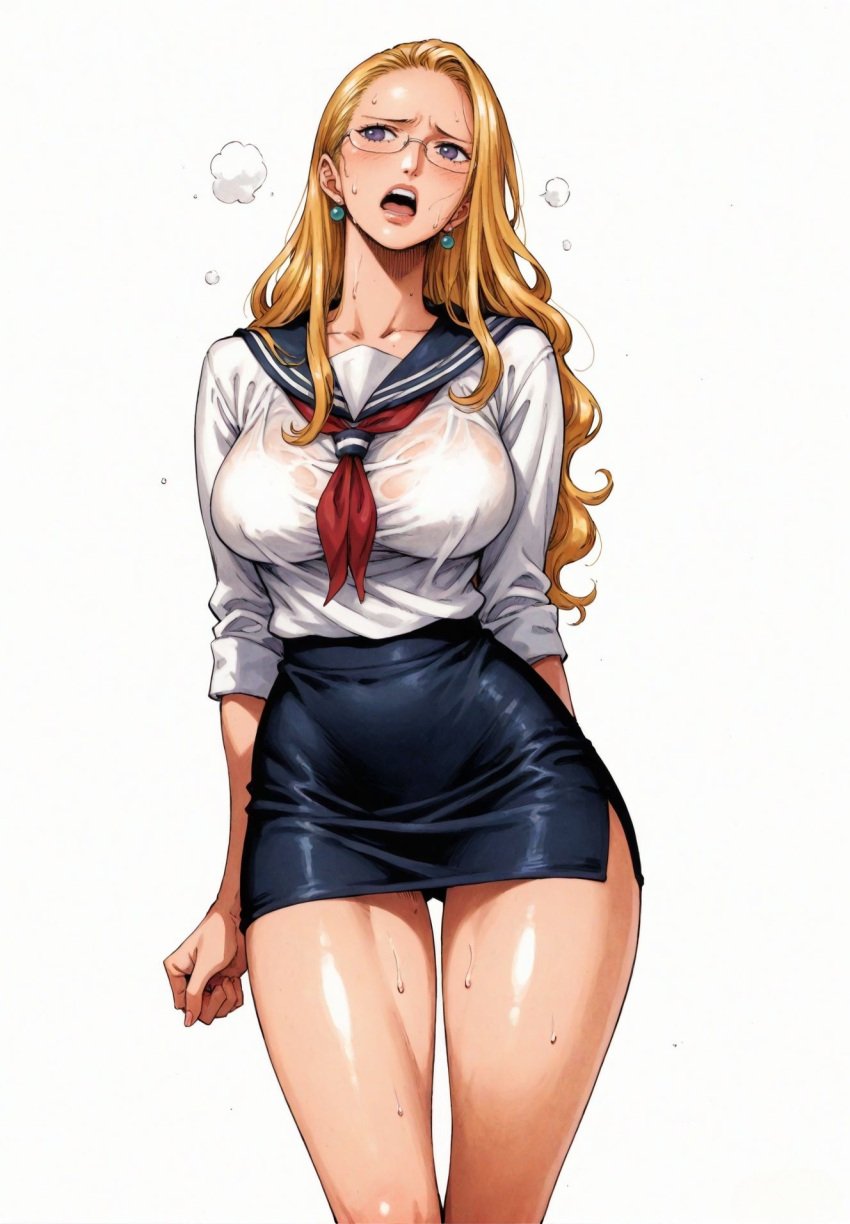 ai_generated alluring almost_naked almost_nude blonde_hair earring earrings female female_only kalifa kalifa_(one_piece) long_hair one_piece open_mouth school_girl school_uniform schoolgirl schoolgirl_uniform seducing seduction seductive seductive_body seductive_eyes seductive_gaze seductive_look seductive_mouth seductive_pose shiny_hair shiny_skin skirt voluptuous voluptuous_female yashin