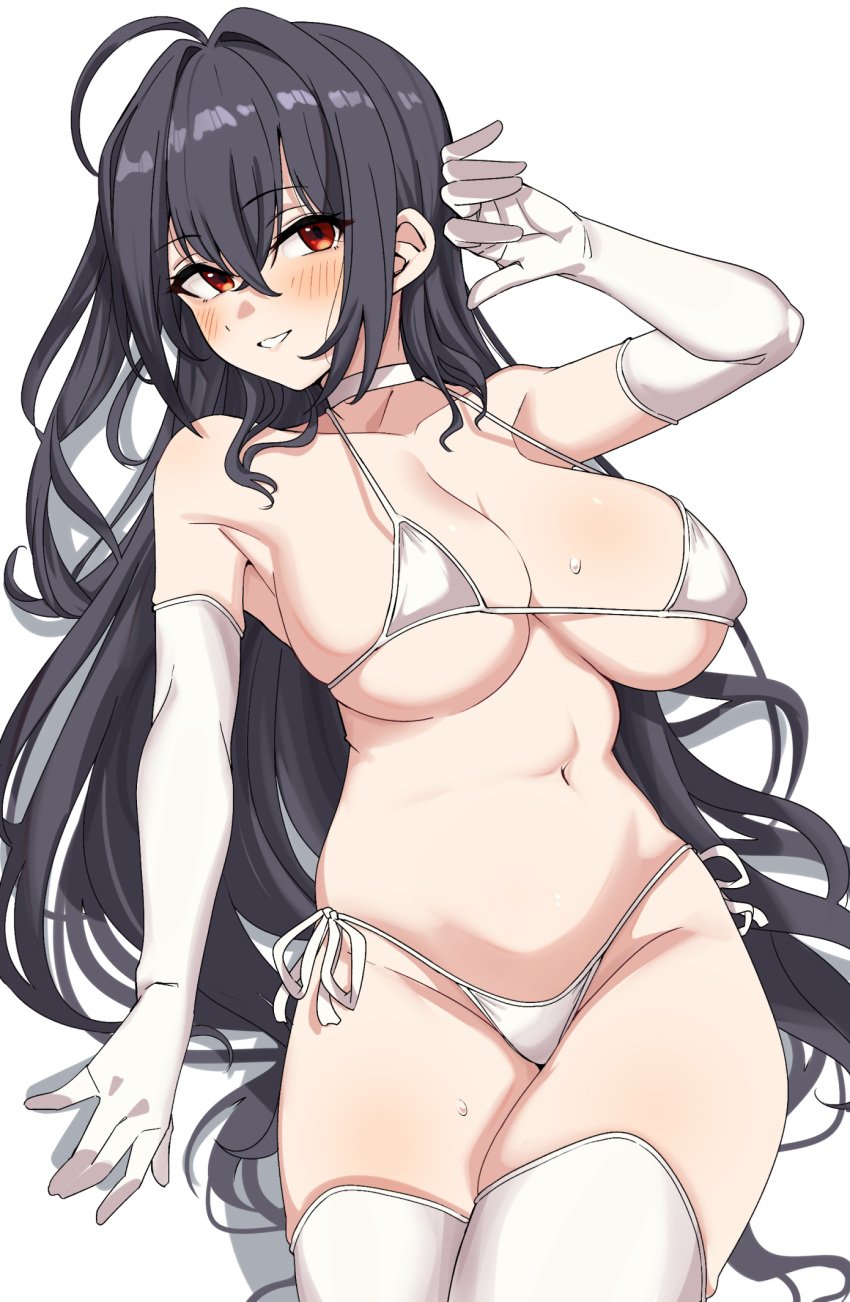 1girls ahoge arm_up azur_lane bikini black_hair blush breasts choker crossed_bangs elbow_gloves female gloves hair_between_eyes hand_up highres light-skinned_female light_skin long_hair looking_at_viewer micro_bikini navel parted_lips red_eyes revision sakura_empire_(azur_lane) seihekiog side-tie_bikini_bottom simple_background smile solo stomach swimsuit taihou_(azur_lane) thighhighs thighs underboob white_background white_bikini white_choker white_gloves white_thighhighs