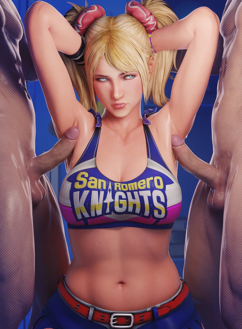 3d 3d_(artwork) 3d_model armpit_sex armpits arms_up big_breasts blonde_female blonde_hair blonde_hair_female bored cheerleader cheerleader_uniform clothed cock female_focus fetish fugtrup group group_sex hi_res juliet_starling light-skinned_female light_skin lollipop_chainsaw looking_away looking_up male mmf_threesome pants_down school_uniform schoolgirl sucking twintails