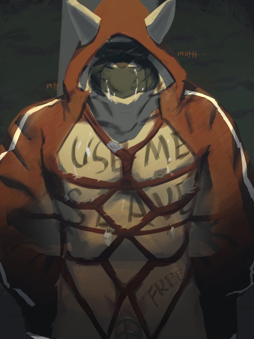 absurd_res anthro body_writing bound chastity_cage chastity_device clothing gag hi_res hoodie lourkanda male mask public solo solo_male topwear