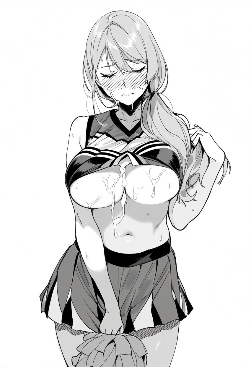 absurdres blush breasts cheerleader closed_eyes clothes_lift collarbone covering_crotch covering_privates cum cum_on_body cum_on_breasts cum_on_clothes cum_on_legs facial female greyscale highres large_breasts long_hair lovebgmilf mature_female monochrome navel pom_pom_(cheerleading) shirt_lift sweat uzaki-chan_wa_asobitai! uzaki_tsuki wavy_mouth