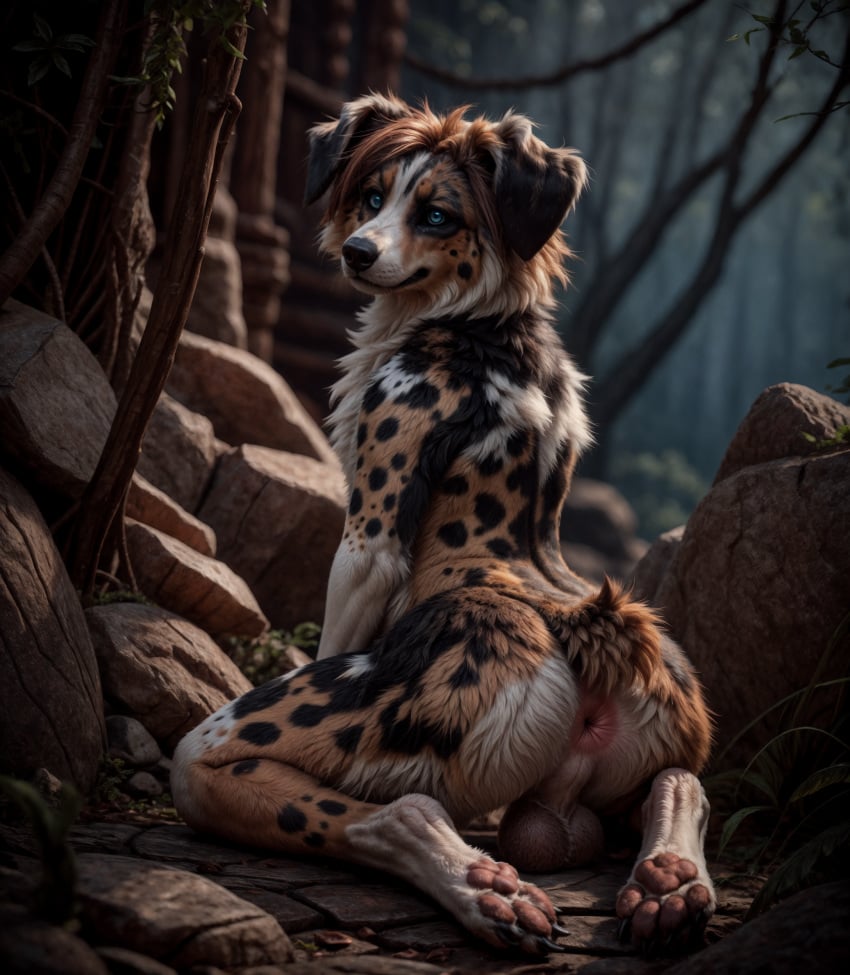 absurd_res ai_generated anthro ass australian_shepherd balls black_claws black_fur black_lips black_nose blp blue_eyes bokeh brown_hair canid canis cheek_tuft chest_tuft day detailed_background detailed_fur digitigrade domestic_dog floppy_ears fluffy_fur fur_markings glistening_eyes head_tilt kneeling lighting looking_back_at_viewer male_focus mouth_closed multicolored_fur outside paws perineum pink_anus pink_pawpads plant raised_tail realistic rock semi-anthro short_tail solo_male spotted_fur sunlight tan_fur whisker_spots white_fur.