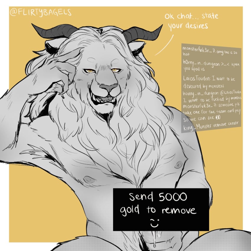 1:1 2024 2_horns 4_fingers anthro areola artist_name bodily_fluids censor_bar censored chat_box claws delicious_in_dungeon demon dialogue dungeon_meshi english_text eyebrows felid finger_claws fingers flirtybagels fur genital_fluids hi_res horn lion livestream looking_at_viewer male male_anthro male_only mammal mane masturbation nipples nude nude_anthro nude_male open_mouth pantherine pecs penile penile_masturbation precum precum_on_hand pupils sharp_teeth slit_pupils snout solo spot_color teeth text tongue white_text winged_lion_(delicious_in_dungeon) yellow_eyes