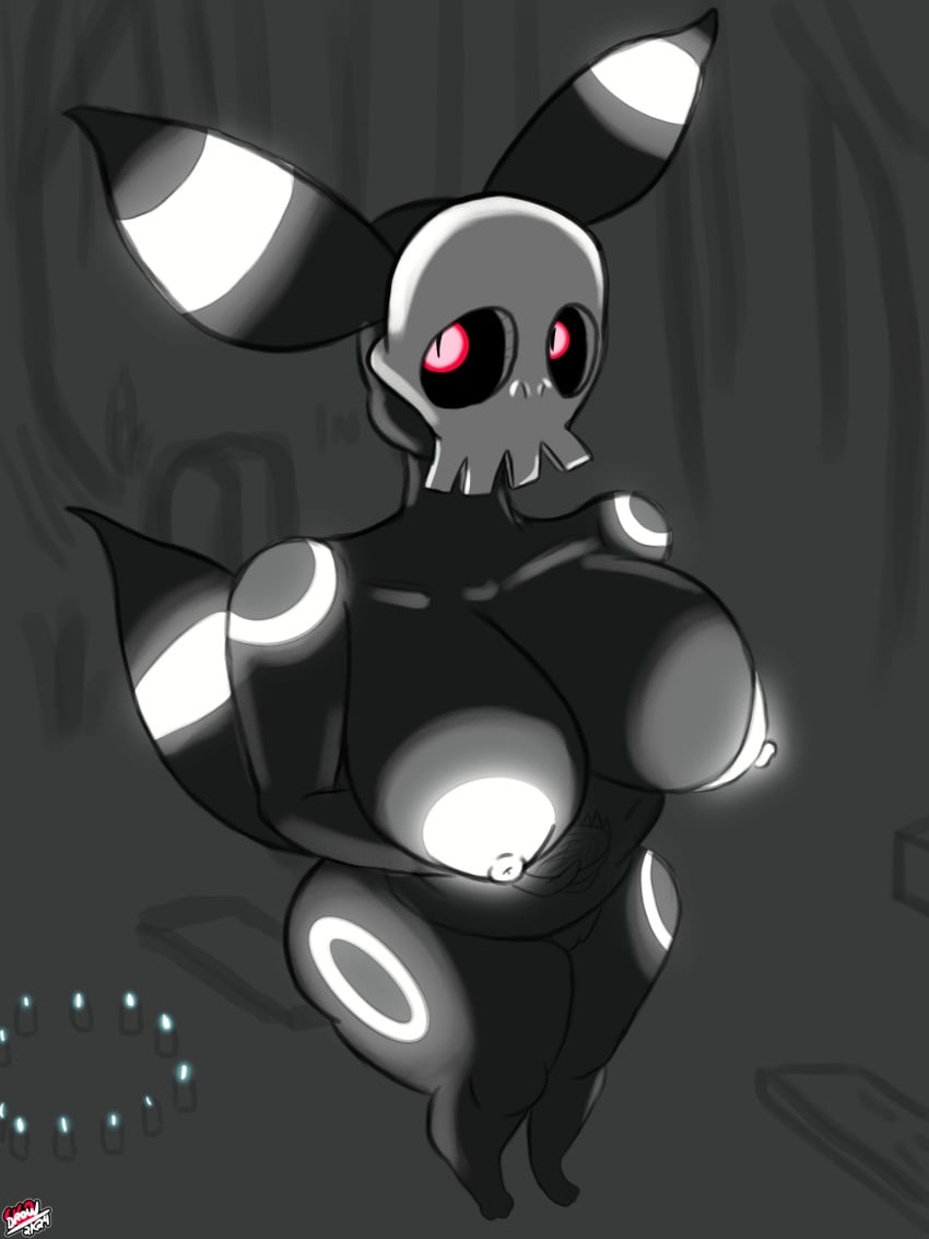 anthro areola bone breasts candle cemetery creepy dark_body drow462 duskull eeveelution female fusion generation_2_pokemon generation_3_pokemon genitals glowing glowing_areola glowing_breasts glowing_eyes glowing_markings glowing_nipples grave hi_res high-angle_view looking_at_viewer markings misty_(glitchy519) night nintendo nipples nude nude_anthro nude_female plant pokemon pokemon_(species) pokemon_fusion pussy red_eyes skull skull_head solo tail tombstone tree umbreon