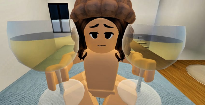 cowgirl_position girl_boy holding_wine_glass roblox yellow_glasses