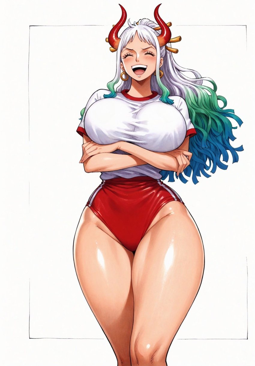 1girls ai_generated alluring almost_naked almost_nude big_breasts blue_hair blush breasts buruma busty earring earrings female female_only green_hair gym_uniform hair_ornament horns long_hair looking_at_viewer massive_breasts multicolored_hair one_piece oni oni_female oni_horns open_mouth orange_eyes ponytail seducing seduction seductive seductive_body seductive_eyes seductive_gaze seductive_look seductive_mouth seductive_pose seductive_smile shiny_hair shiny_skin solo voluptuous voluptuous_female white_hair yamato_(one_piece) yashin