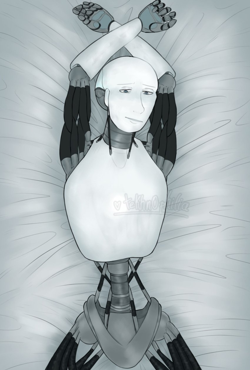 1boy alternate_version alternate_version_available arms_behind_head artist_signature bed bed_covers bed_sheet bedding_background bedroom_eyes blue_eyes featureless_chest featureless_crotch i,_robot lying lying_on_back lying_on_bed male mechanical_fixation mechanophilia no_hair questionable robot robot_boy robot_humanoid robotic self_upload sonny_(i,_robot) submissive submissive_male submissive_pose teal_eyes technophilia tekhn0philia_(artist) watermark white_body white_skin wires