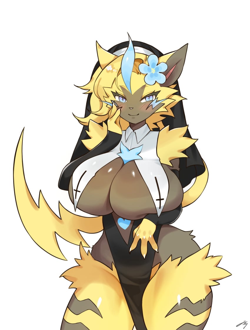 aurora_(nbanoob) big_breasts breasts cleavage female furry huge_breasts jiu5 pokemon pokemon_(species) thick_thighs wide_hips zeraora