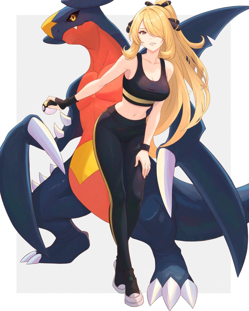 alternate_costume armpits belly belly_button big_breasts blonde_hair bra cynthia_(pokemon) garchomp gym_clothes gym_uniform hair hair_ornament hi_res high_resolution highres leggings long_hair long_legs massive_breasts midriff mommy nintendo pok&eacute;mon_(species) pokemon pokemon_(species) sports_bra sports_uniform sportswear stomach tall_female tight_clothes tight_clothing tight_fit tights truejekart very_long_hair video_games workout yoga_pants