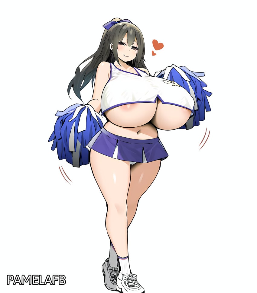 1girls ai_art ai_generated artstyle_imitation black_hair blush cheerleader cheerleader_uniform heart long_hair nai_diffusion navel novelai pamelafb panties pom_poms self_upload sky_(freedom)_(ai_style) sweat sweatdrop thick_thighs thighs underboob white_background wide_hips