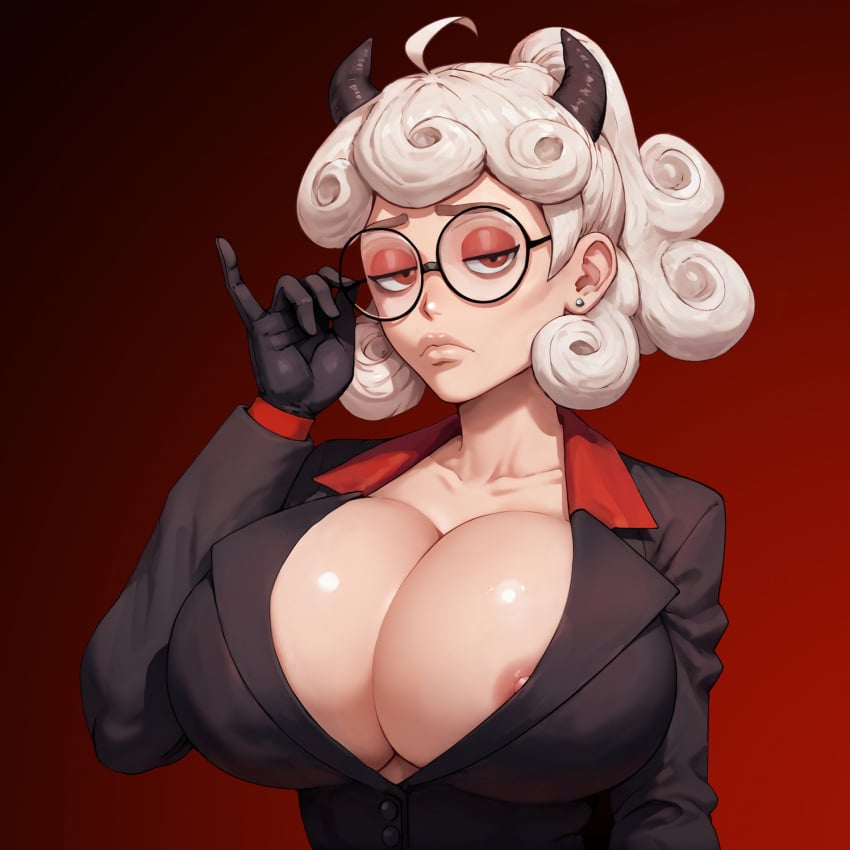 adjusting_glasses ai_assisted ai_generated bimboports(ai) business_suit busty cleavage demon_girl demon_horns earrings eyeshadow female glasses gloves helltaker huge_breasts looking_at_viewer nipple_slip office_lady pandemonica_(helltaker) red_eyes stud_earrings suit thick_lips white_hair