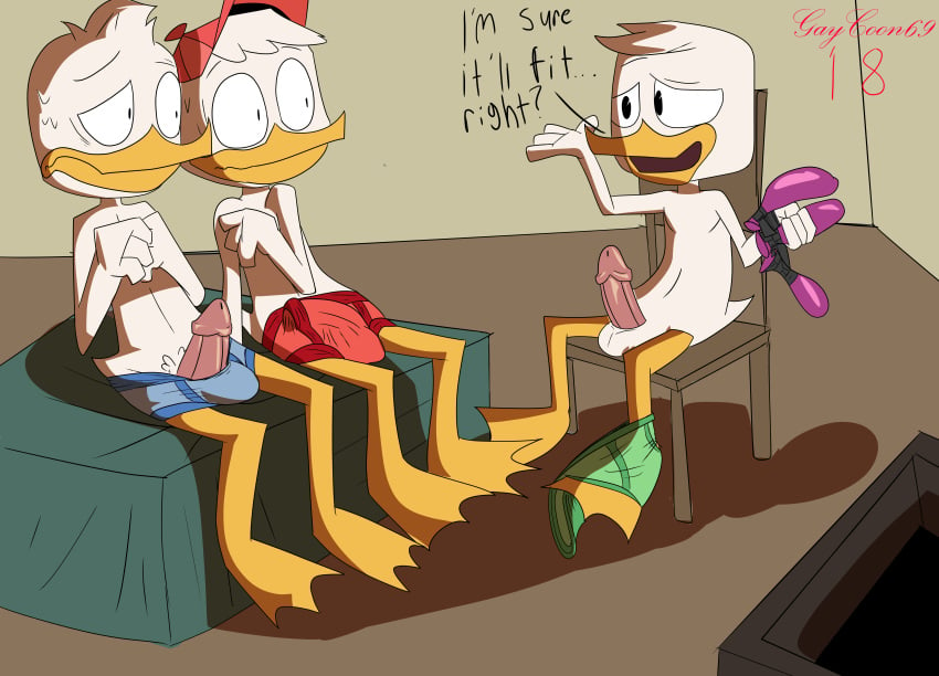 2018 anthro avian balls bird brother clothing dewey_duck disney ducktales ducktales_(2017) erection feathers gay gaycoon69 hair hat hi_res huey_duck humanoid_penis incest louie_duck male male_only nude open_mouth penis sibling sitting smile text underwear yaoi