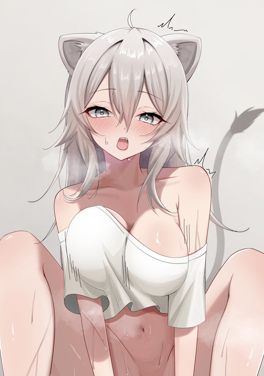 ahoge animal_ears blush breasts collarbone cropped_shirt dot_nose eyelashes female grey_eyes grey_hair hair_between_eyes highres hololive implied_sex large_breasts lion_ears lion_tail looking_at_viewer oerba_yun_fang open_mouth shina_eno3 shirt shishiro_botan short_sleeves solo steam sweat tail teeth tongue upper_teeth_only virtual_youtuber white_shirt