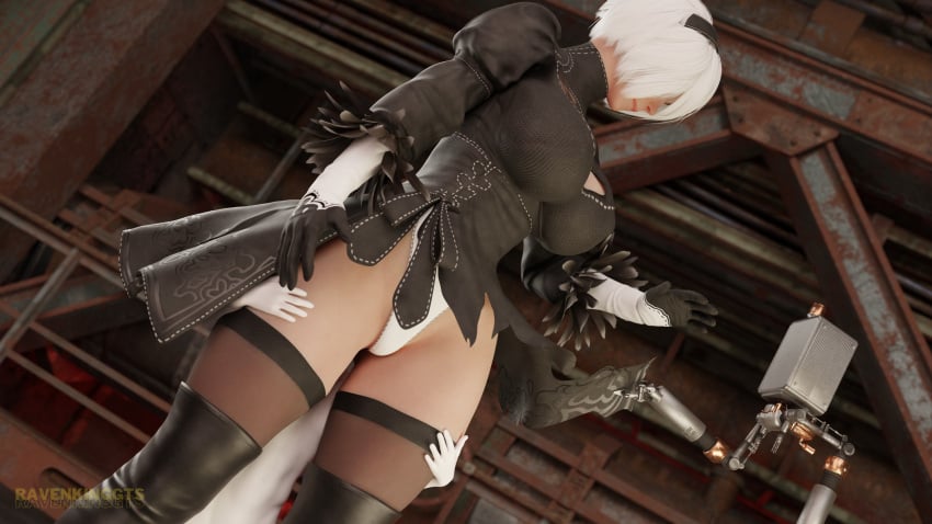 1girls 3d anon breasts clothing female female_focus giantess holding_thigh light-skinned_female light_skin mini_giantess nier nier:_automata pod_(nier) ravenkinggts ripped_clothing short_hair size_difference thighhighs torn_clothes white_hair yorha_2b