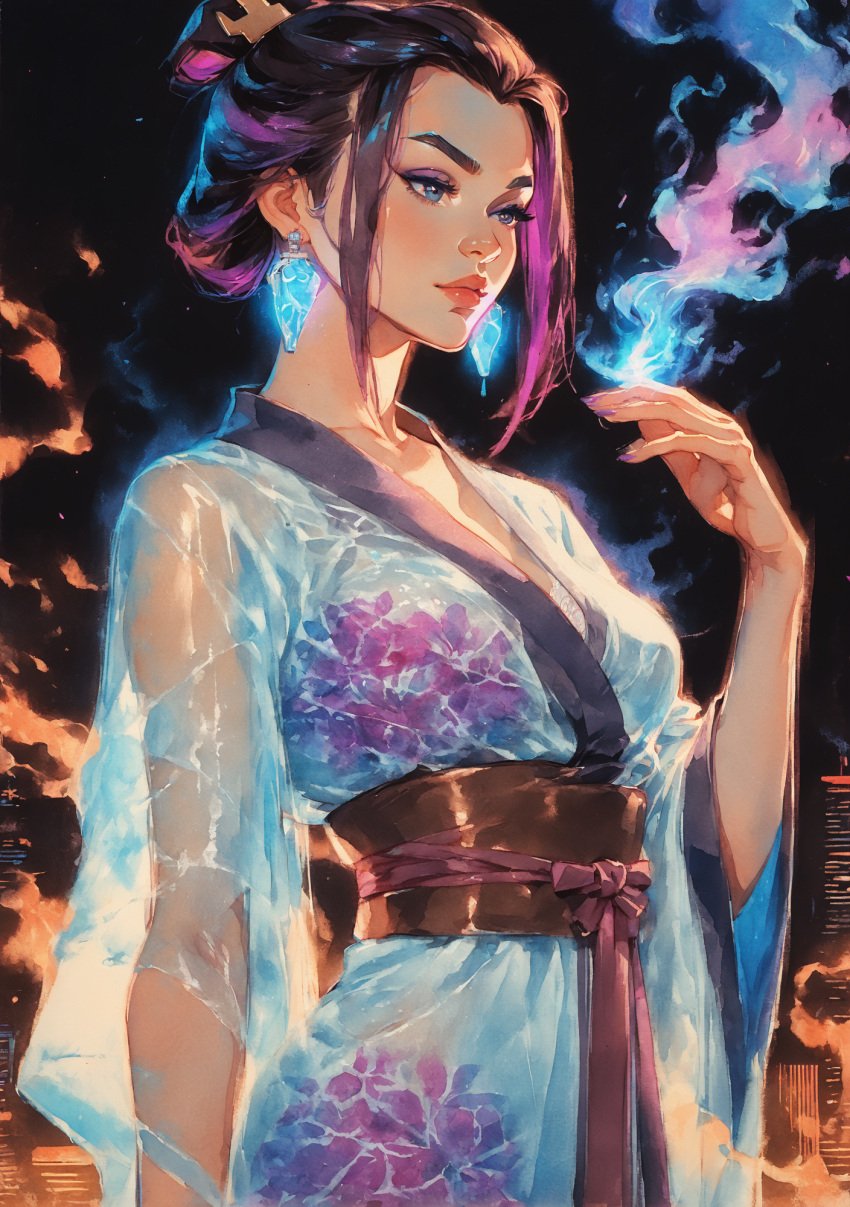 1girls ai_generated avatar_the_last_airbender azula black_hair breasts earrings female fire hand_up japanese_clothes jewelry kimono lips medium_breasts sash see-through self_upload solo spare1632