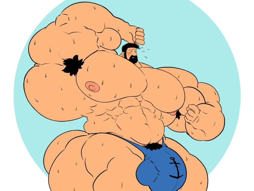 armpit_hair bara beard big_bulge big_muscles blush bulge captain_haddock davinciglen facial_hair flaccid male male_only muscles muscular solo solo_male sweat sweating the_adventures_of_tintin thong