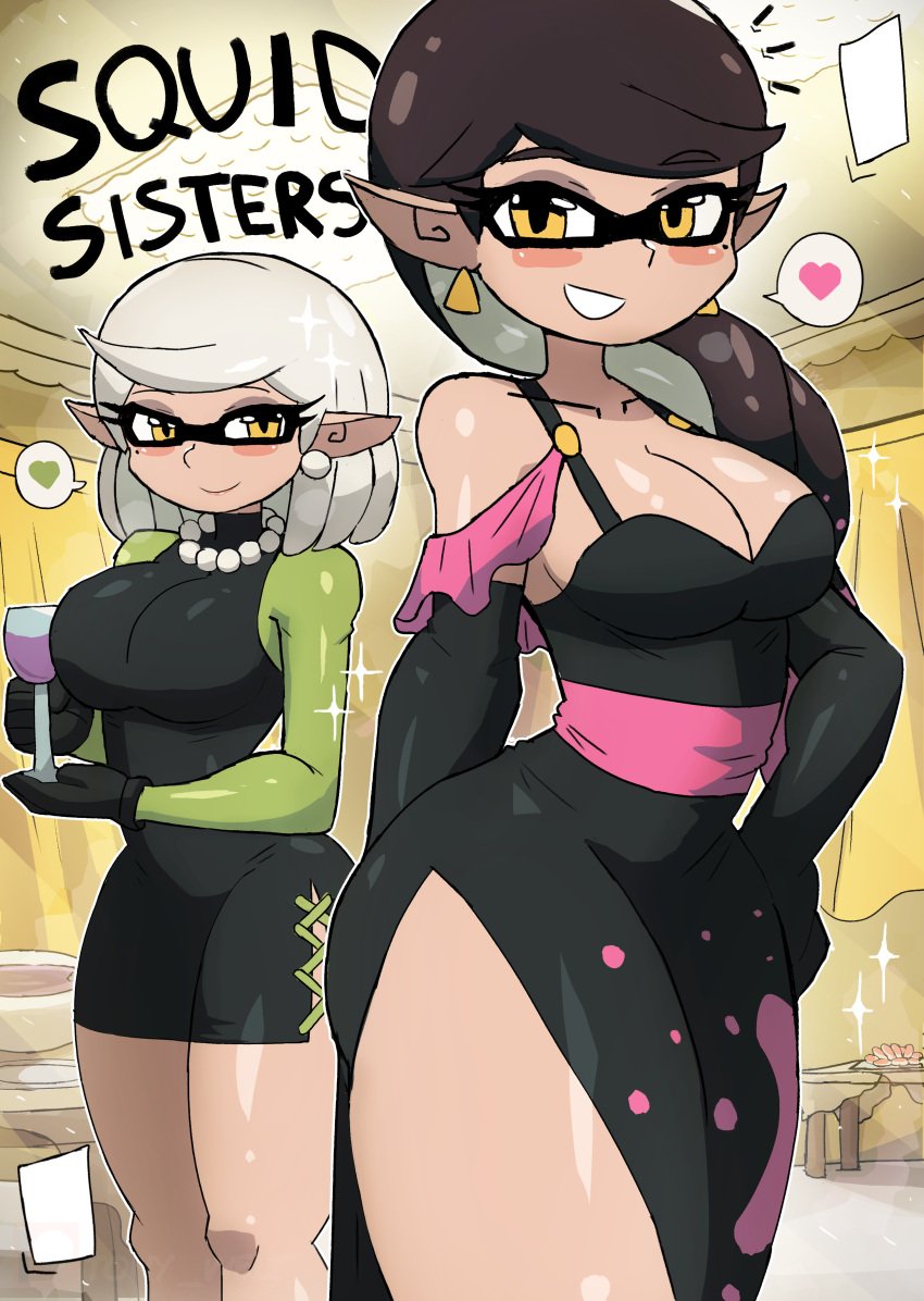 2girls big_breasts black_hair bobcut breasts callie_(splatoon) cleavage dress dress_slit earrings heart inkling inkling_girl large_breasts long_hair looking_at_viewer marie_(splatoon) mole mole_under_eye necklace nintendo pointy_ears short_hair splatoon squid_sisters squid_sisters_(splatoon) tentacle_hair tony_welt yellow_eyes