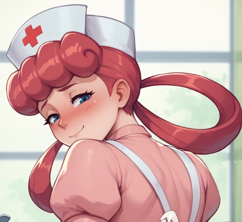 ai_generated blue_eyes blush hair_ring nurse_hat nurse_joy paulinebabe pink_dress pink_hair pokemon white_ribbon window