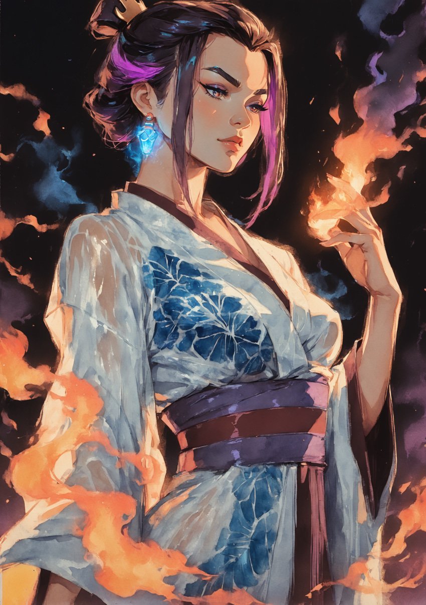 1girls ai_generated avatar_legends avatar_the_last_airbender azula black_hair breasts earrings female fire fire_nation hand_up japanese_clothes jewelry kimono lips medium_breasts sash self_upload solo spare1632