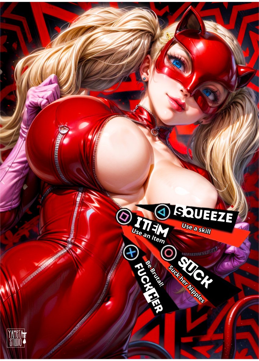 1girls ai_generated ai_hands ann_takamaki big_breasts blonde_hair blonde_hair blue_eyes cat_ears catgirl cleavage cute fanart female huge_breasts kawaii large_breasts latex lips lipstick looking_at_viewer looking_pleasured persona persona_5 persona_5_royal twintails video_game video_game_character video_game_franchise video_games yametastudio