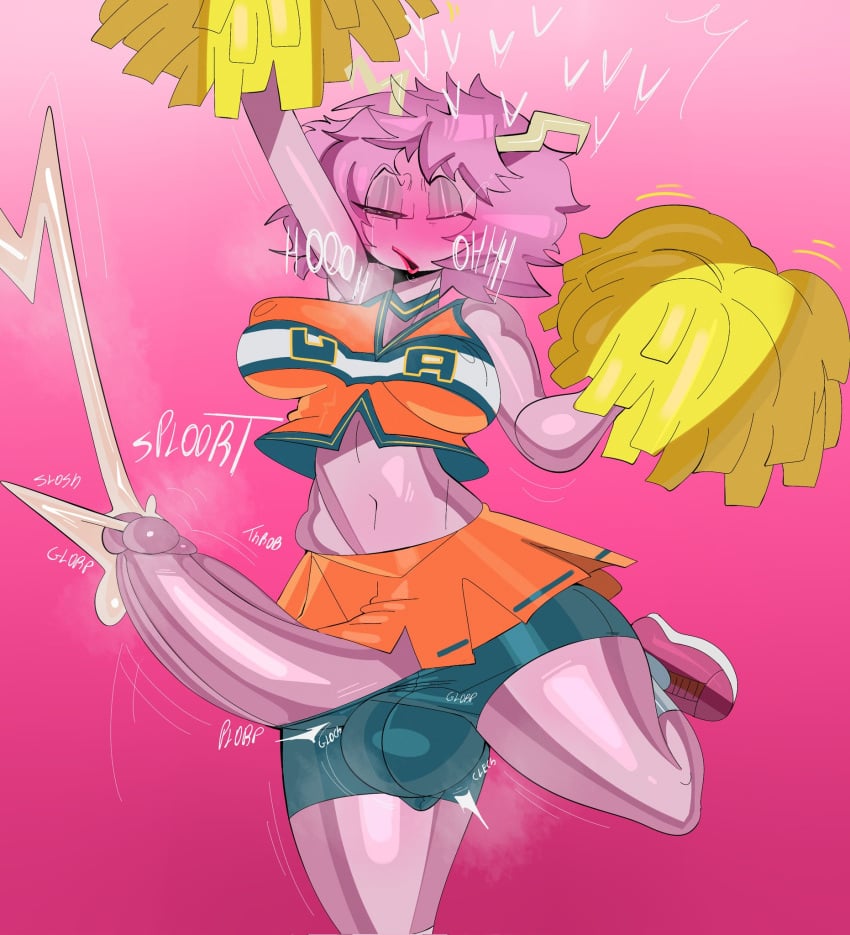 1futa ashido_mina balls_outline balls_under_clothes blush boku_no_hero_academia cheerleader cheerleader_outfit cheerleader_uniform clothed clothing cum cumshot excessive_cum fully_clothed futa_only futanari horns mina_ashido my_hero_academia pink_body pink_skin pinky_(my_hero_academia) retracted_foreskin tayuri