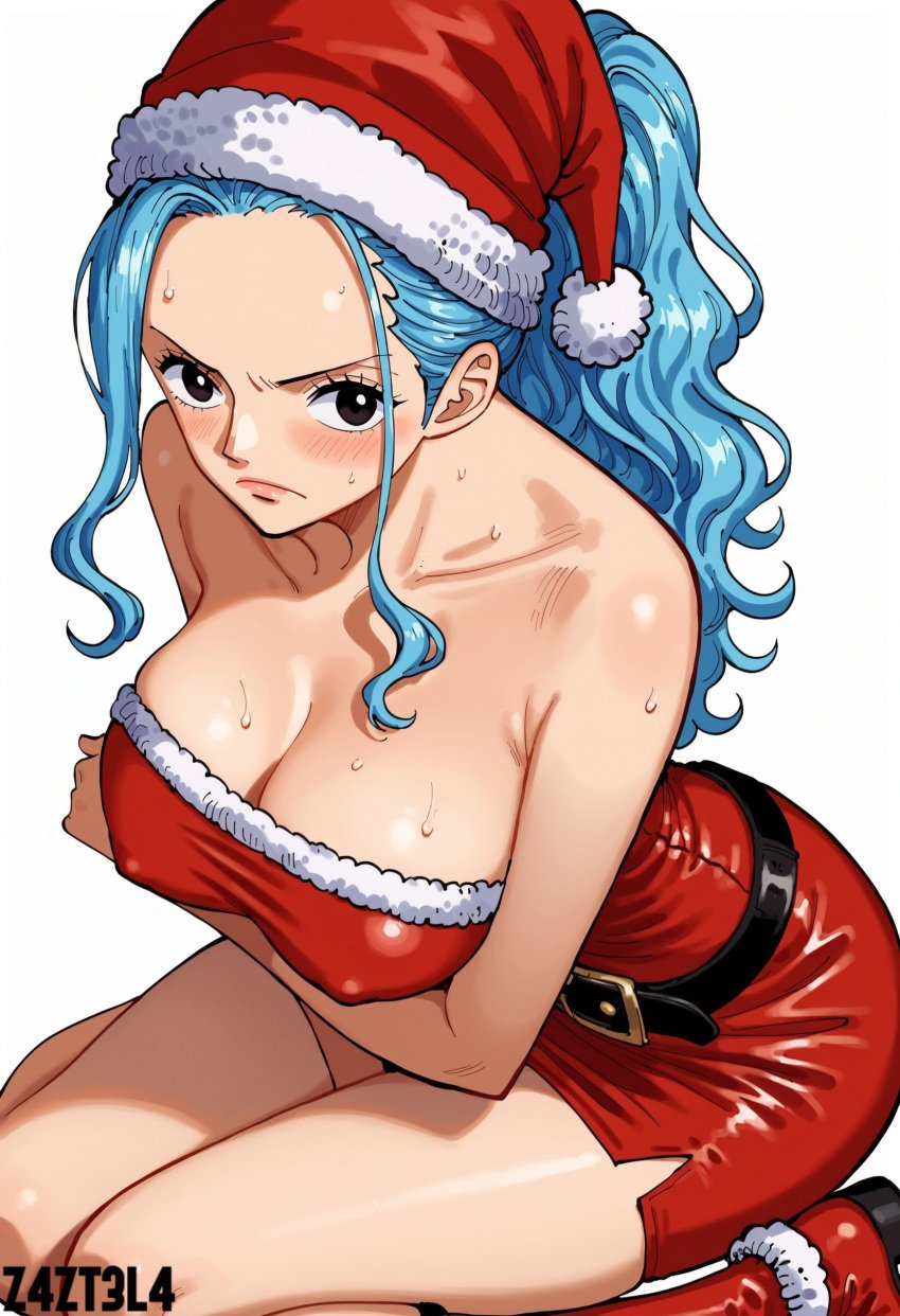 ai_generated alluring ass big_ass big_breasts black_eyes blue_hair blush breasts christmas christmas_clothing christmas_hat christmas_headwear christmas_outfit cleavage earrings female female_only femaleseduction long_hair looking_at_viewer naked nefertari_vivi nefertari_vivi_(one_piece) nude one_piece red_outfit revealing_clothes santa santa_hat santa_outfit seductive seductive_body seductive_eyes short_dress teasing vivi vivi_(one_piece) z4zt3l4