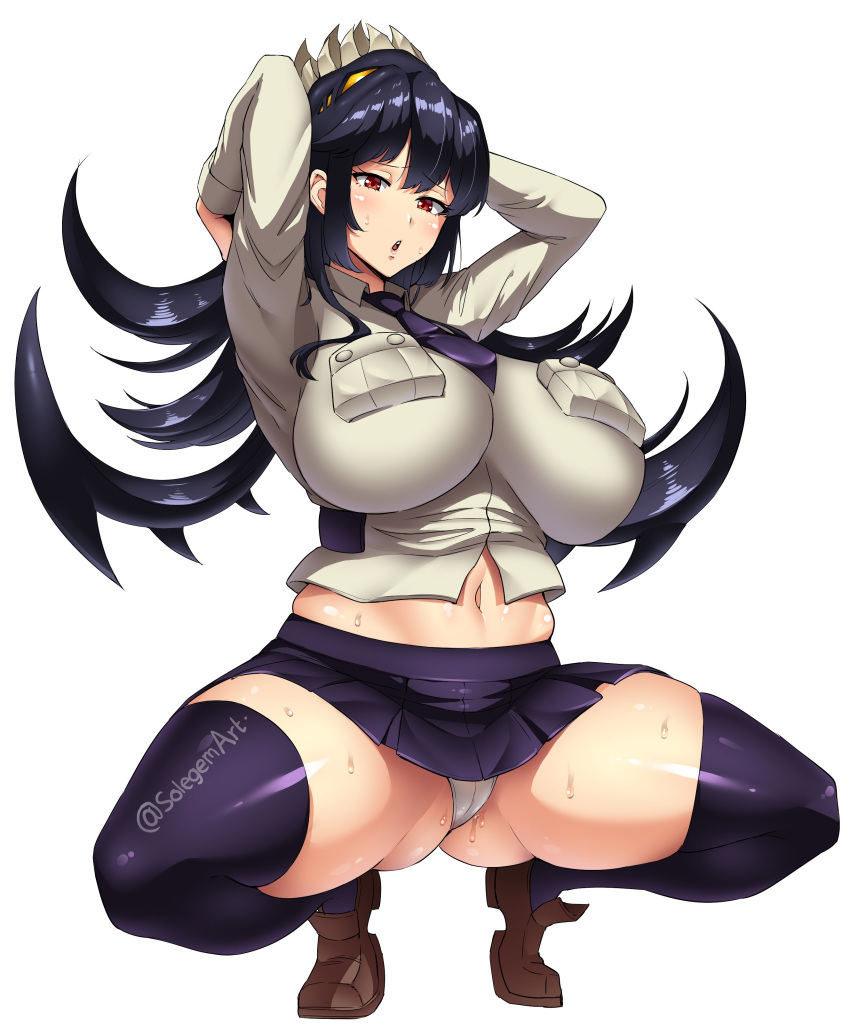 1girls arms_above_head arms_behind_head arms_up black_hair blush crouching filia_(skullgirls) fully_clothed large_breasts long_hair open_mouth panties samson_(skullgirls) skullgirls sole_gem solegemart solo squatting sweat thick_thighs thighhighs upskirt