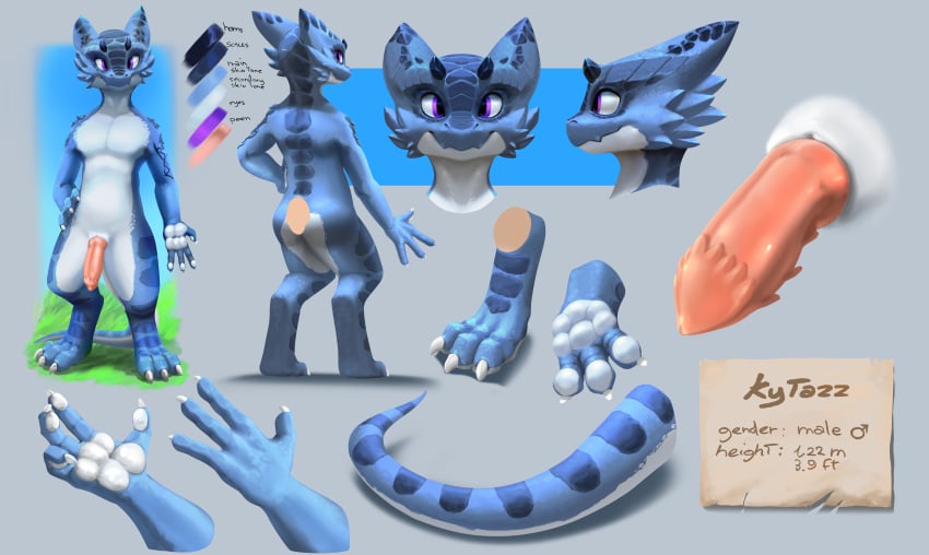 3_toes 4_fingers absurd_res anthro blue_body blue_scales broken_horn cheek_spikes claws corbin_(roscy) digitigrade facial_spikes feet fingers front_view genitals grass hand_on_hip hi_res horn internal_balls kobold kytazz_(character) male model_sheet note nude pawpads paws penis pink_penis plant purple_eyes rear_view scales side_view simple_background solo spiked_penis spikes spikes_(anatomy) tail tattoo text toes white_body white_scales