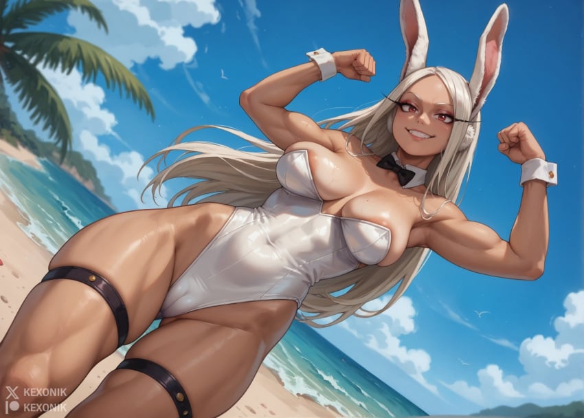 1girls ai_generated areola_slip boku_no_hero_academia brown_skin bunny_ears cameltoe cleft_of_venus cute_face eyeliner fat_mons female flexing from_below innie_pussy kexonik large_breasts leotard long_nipples low_angle mirko miruko muscular my_hero_academia narrowed_eyes nipple_bulge puffy_nipples puffy_pussy pussy rabbit_ears rabbit_girl rumi_usagiyama sagging_breasts side_slit smug solo tall thigh_strap usagiyama_rumi white_hair