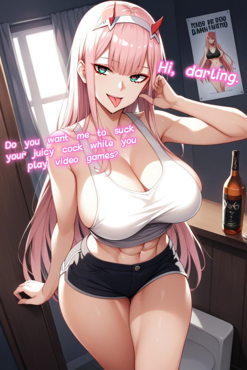 1girls ai_generated darling_in_the_franxx dialogue freiz_ai large_breasts large_hair light-skinned_female light_skin neckline pink_hair shorts white_shirt zero_two_(darling_in_the_franxx)