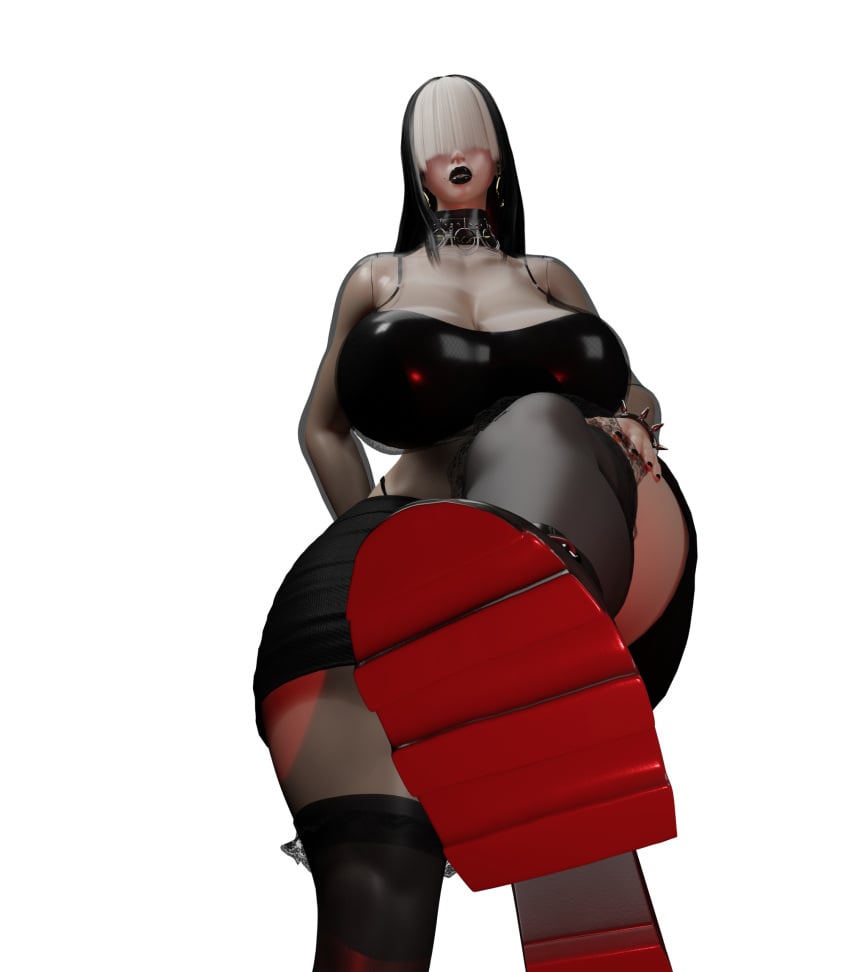 bangs_over_eyes big_breasts black_lipstick black_nails blender bra collar curvaceous curvy dominant domination dommy_mommy earrings fishnets goth goth_girl gothic_girl high_heel_boots hourglass_figure huge_breasts shoe_soles skirt stockings straps wide_hips wristwear