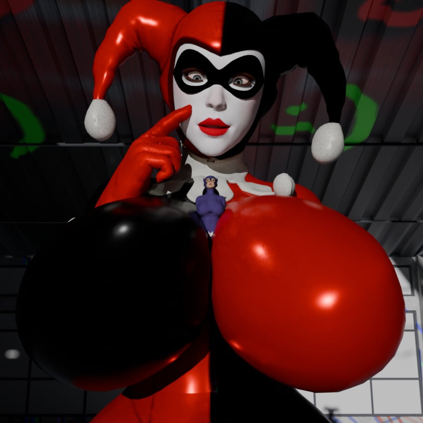 3d 3d_(artwork) batman:_arkham_knight batman_(series) cat_suit catwoman catwoman_(1990's) catwoman_(arkham) catwoman_(arkham_knight) clown dc dc_comics giant_breasts giantess harley_quinn harley_quinn_(arkham) harley_quinn_(arkham_knight) harley_quinn_(classic) huge_breasts isquashyou shrink shrinking smile